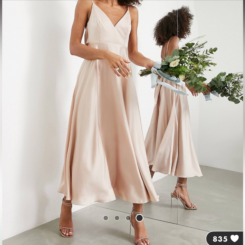 ASOS DESIGN bridesmaid satin midi dress with tie back in blush